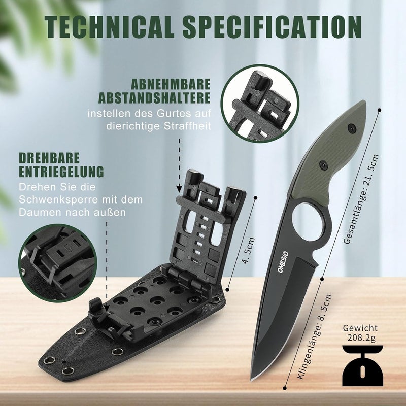 Omesio Fixed Blade Knife, 8.46" Full Tang EDC Horizontal Carry for Men, Green Anti-Slip G10 Handle Sharp 5Cr13MoV Steel Tactical Camping Knife with Kydex Sheath, Ideal for Gifting - Image 5